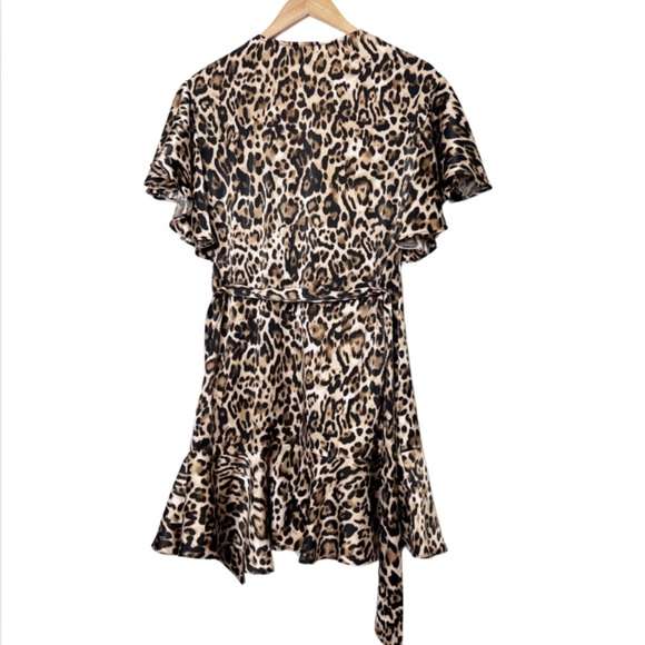 BB Dakota Womens Leopard Print Ruffle Wrap Mini Dress Flutter Sleeve Belted - Picture 11 of 16